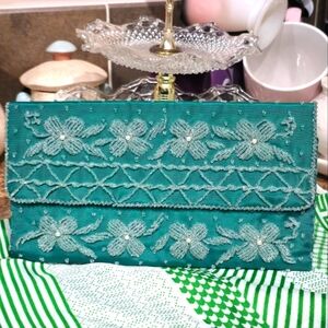 Vintage 60s Handmade Teal Hong Kong Floral Beaded Clutch Purse
